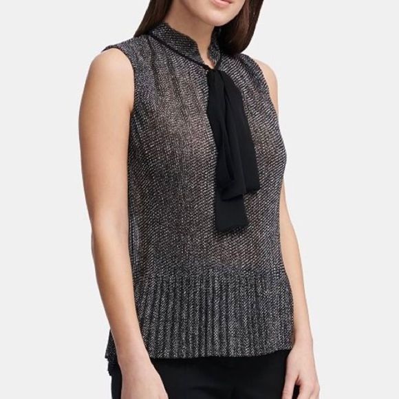 NWT DKNY Pleated Tie-Neck Top LP black and ivory - Picture 2 of 8